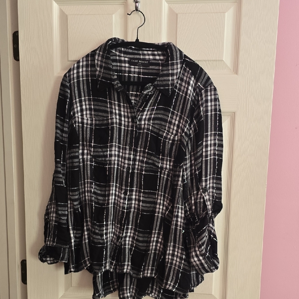 Lane Bryant Black & White Plaid Button-Down Blouse